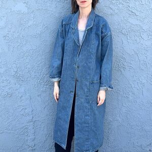 90s Denim Duster Jacket Jean long Coat Medium but Gazelle